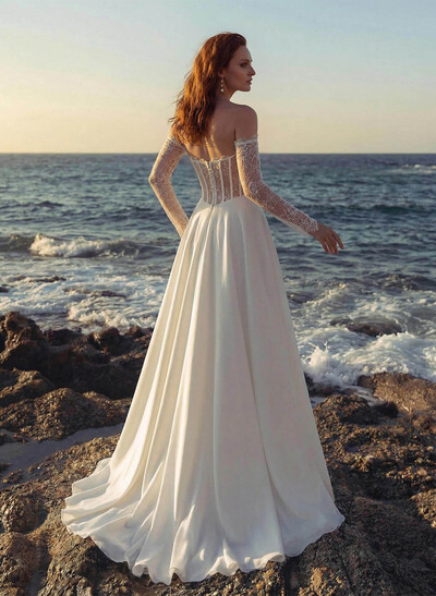 A-Line Sweetheart Long Sleeves Sweep Train Lace Italian Satin Wedding Dresses With Lace High Split