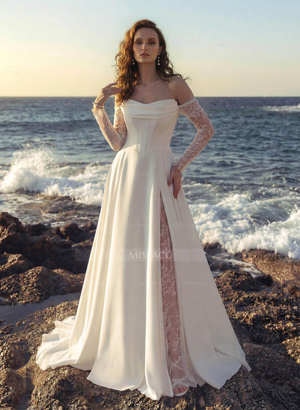 A-Line Sweetheart Long Sleeves Sweep Train Lace Italian Satin Wedding Dresses With Lace High Split