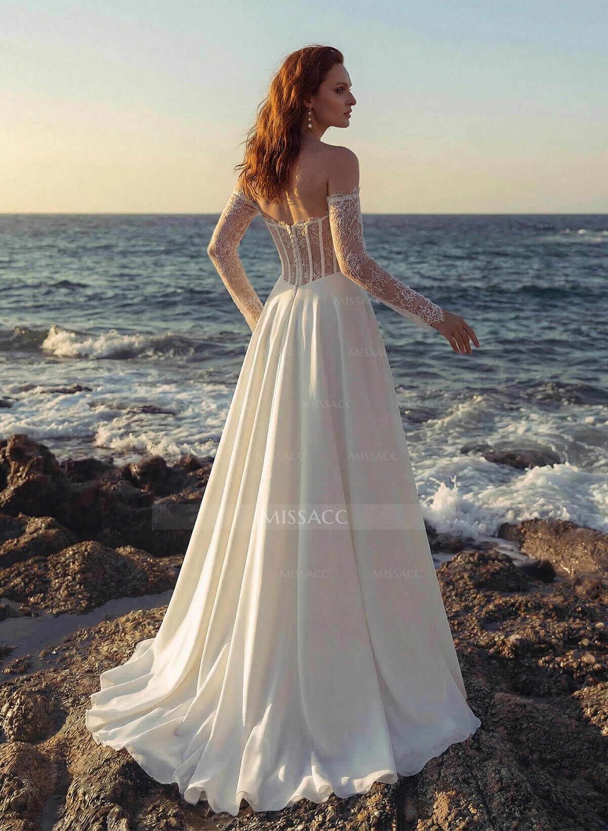 A-Line Sweetheart Long Sleeves Sweep Train Lace Italian Satin Wedding Dresses With Lace High Split