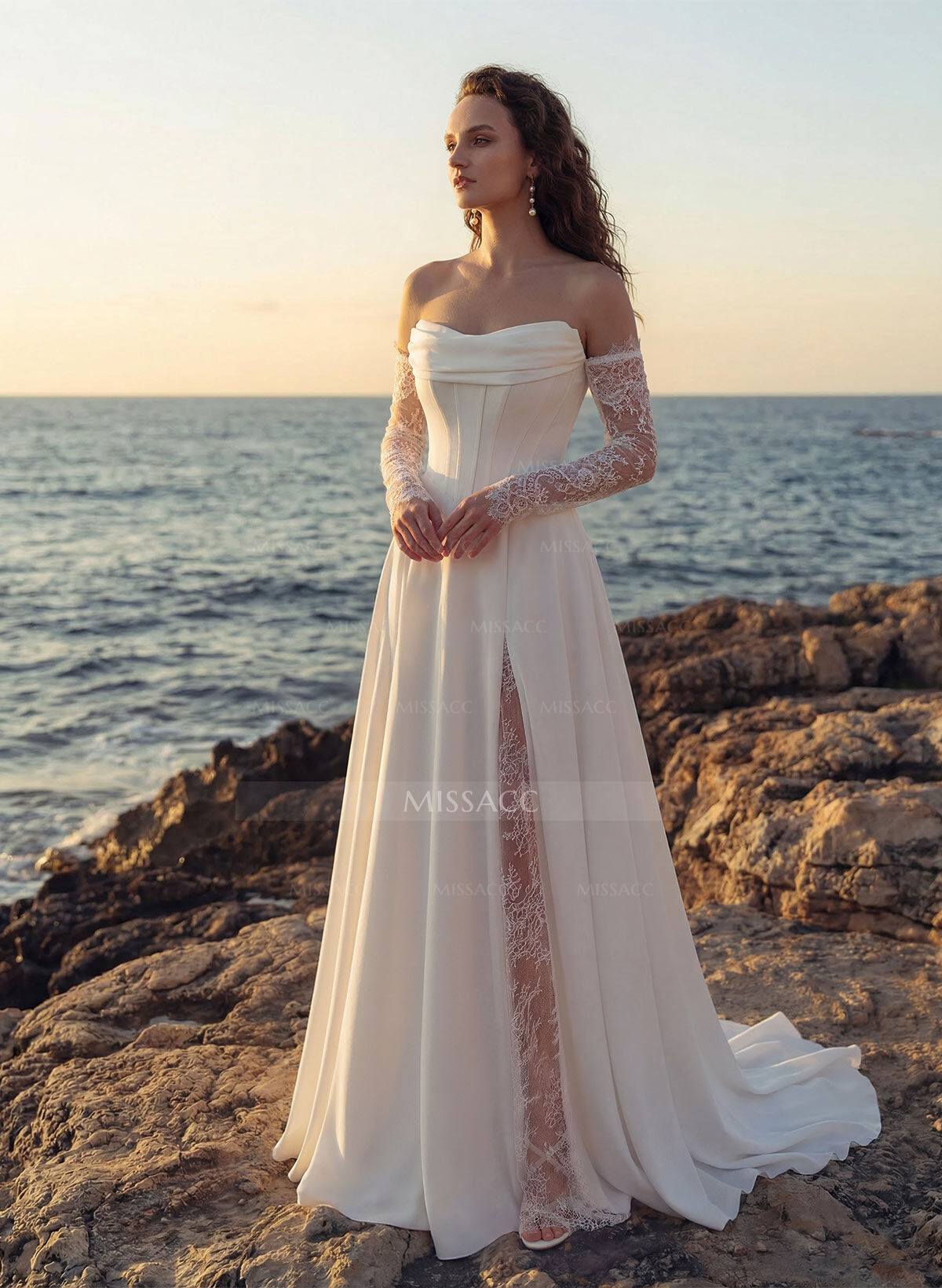 A-Line Sweetheart Long Sleeves Sweep Train Lace Italian Satin Wedding Dresses With Lace High Split