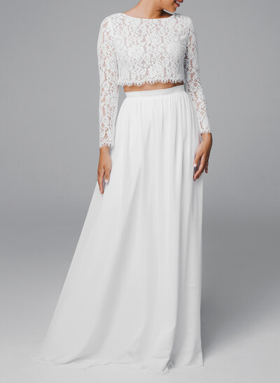 Elegant Scoop Neck Long Sleeves A-Line Floor-Length Chiffon/Lace Wedding Dresses