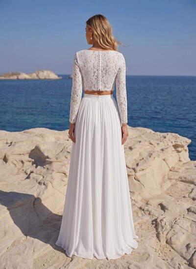 Elegant Scoop Neck Long Sleeves A-Line Floor-Length Chiffon/Lace Wedding Dresses