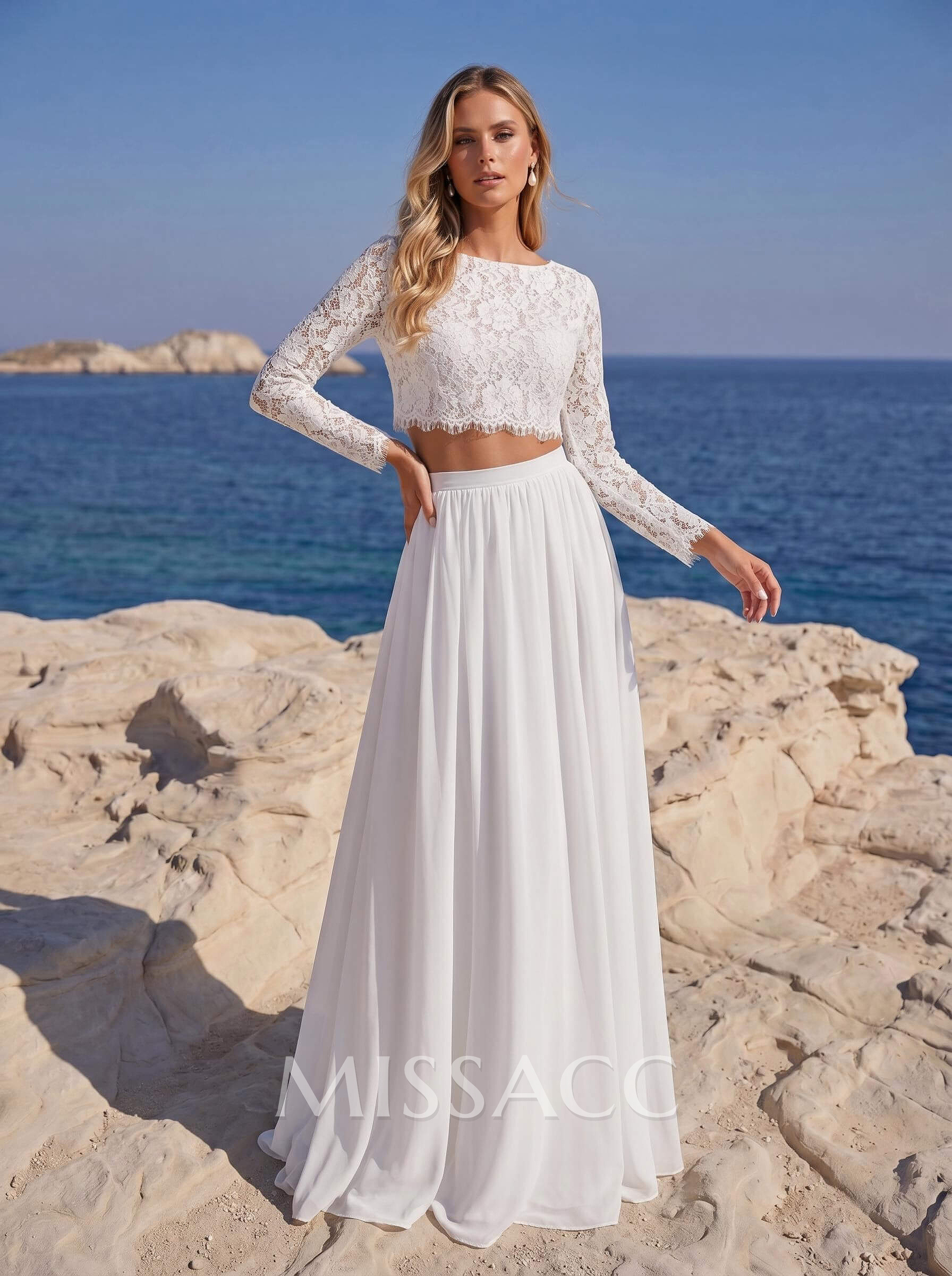 Elegant Scoop Neck Long Sleeves A-Line Floor-Length Chiffon/Lace Wedding Dresses