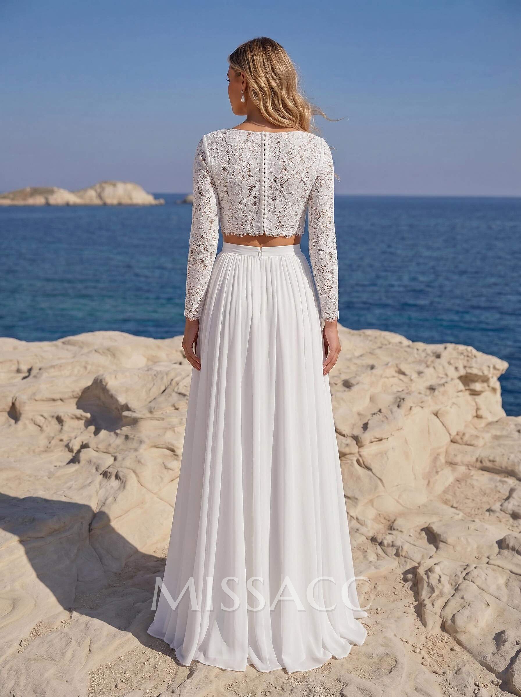 Elegant Scoop Neck Long Sleeves A-Line Floor-Length Chiffon/Lace Wedding Dresses