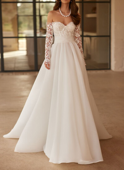 Ball-Gown Sweetheart Detachable Sleeves Court Train Lace Satin Tulle Wedding Dresses With Appliques Lace