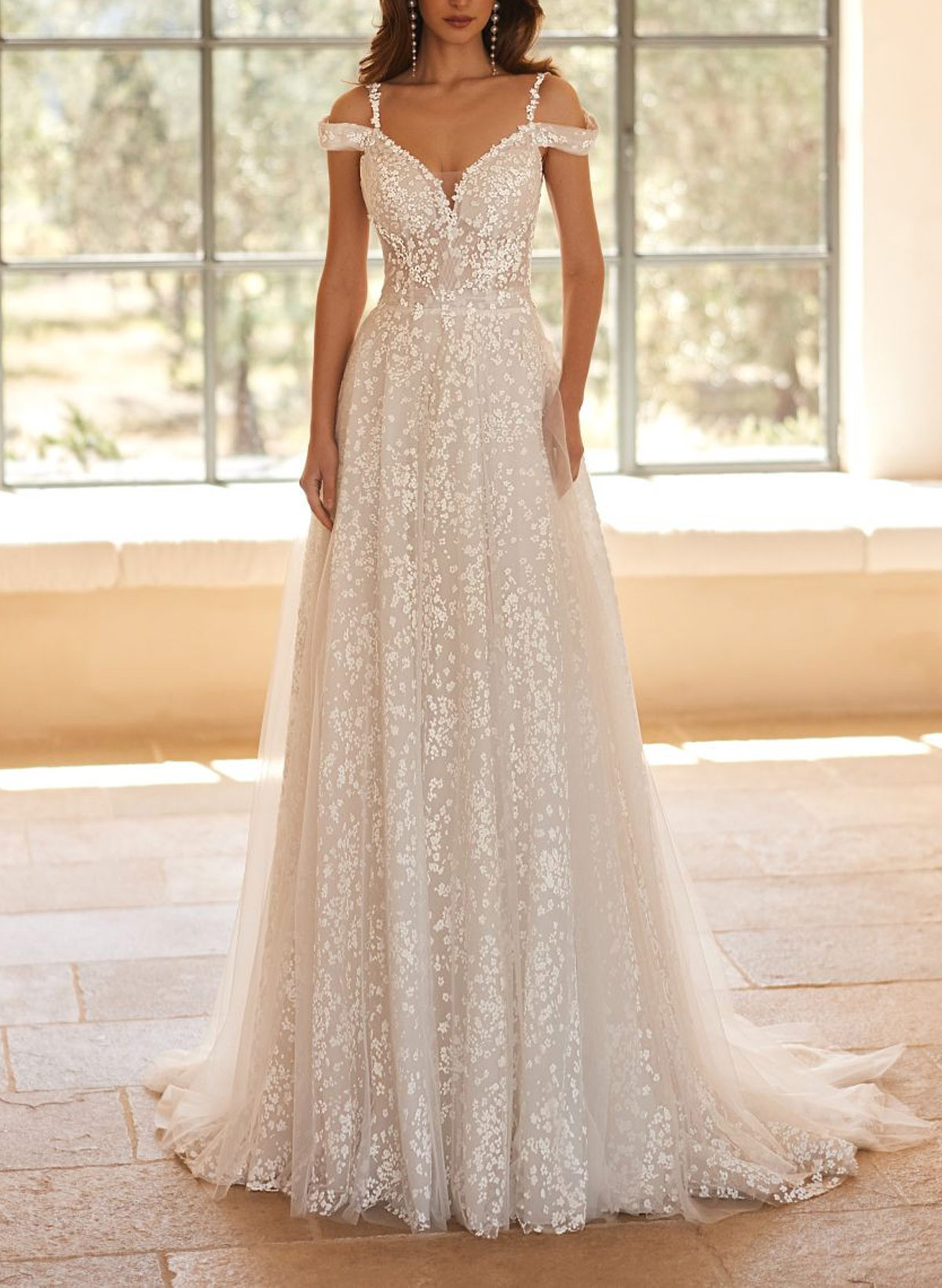 A-Line Sweetheart Detachable Sleeves Sweep Train Chiffon Lace Tulle Wedding Dresses With Lace Back Hole