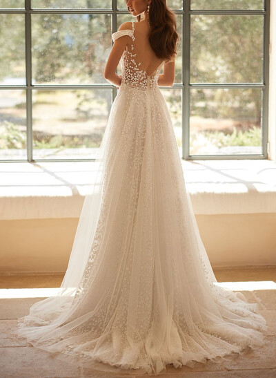 A-Line Sweetheart Detachable Sleeves Sweep Train Chiffon Lace Tulle Wedding Dresses With Lace Back Hole