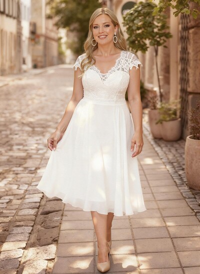 A-Line V-Neck Short Sleeves Knee-Length Chiffon Lace Tulle Wedding Dresses With Lace