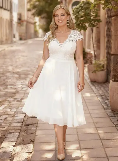 A-Line V-Neck Short Sleeves Knee-Length Chiffon Lace Tulle Wedding Bride With Lace