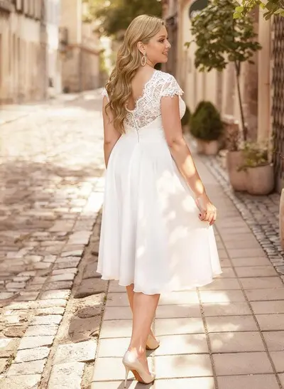 A-Line V-Neck Short Sleeves Knee-Length Chiffon Lace Tulle Wedding Bride With Lace