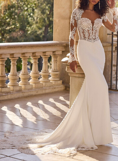 Sheath Column Sweetheart Long Sleeves Court Train Lace Tulle Elastic Satin Wedding Dresses With Appliques Lace Back Hole