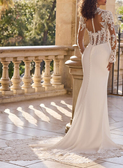 Sheath Column Sweetheart Long Sleeves Court Train Lace Tulle Elastic Satin Wedding Dresses With Appliques Lace Back Hole
