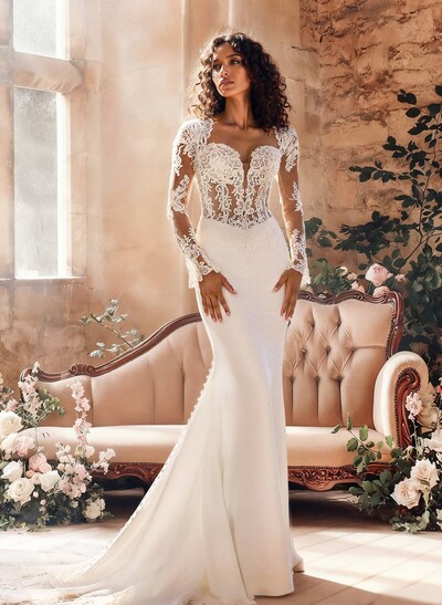 Sheath Column Sweetheart Long Sleeves Court Train Lace Tulle Elastic Satin Wedding Dresses With Appliques Lace Back Hole