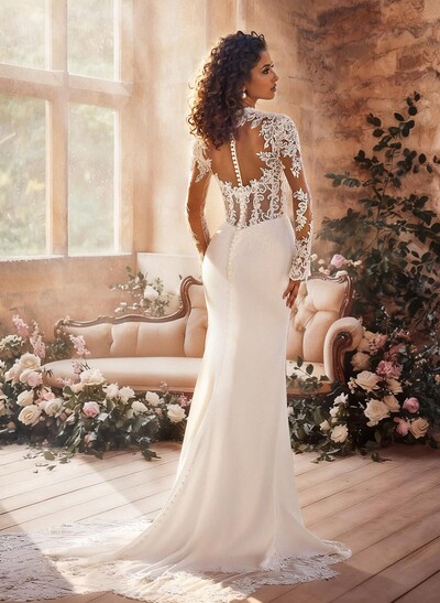 Sheath Column Sweetheart Long Sleeves Court Train Lace Tulle Elastic Satin Wedding Dresses With Appliques Lace Back Hole