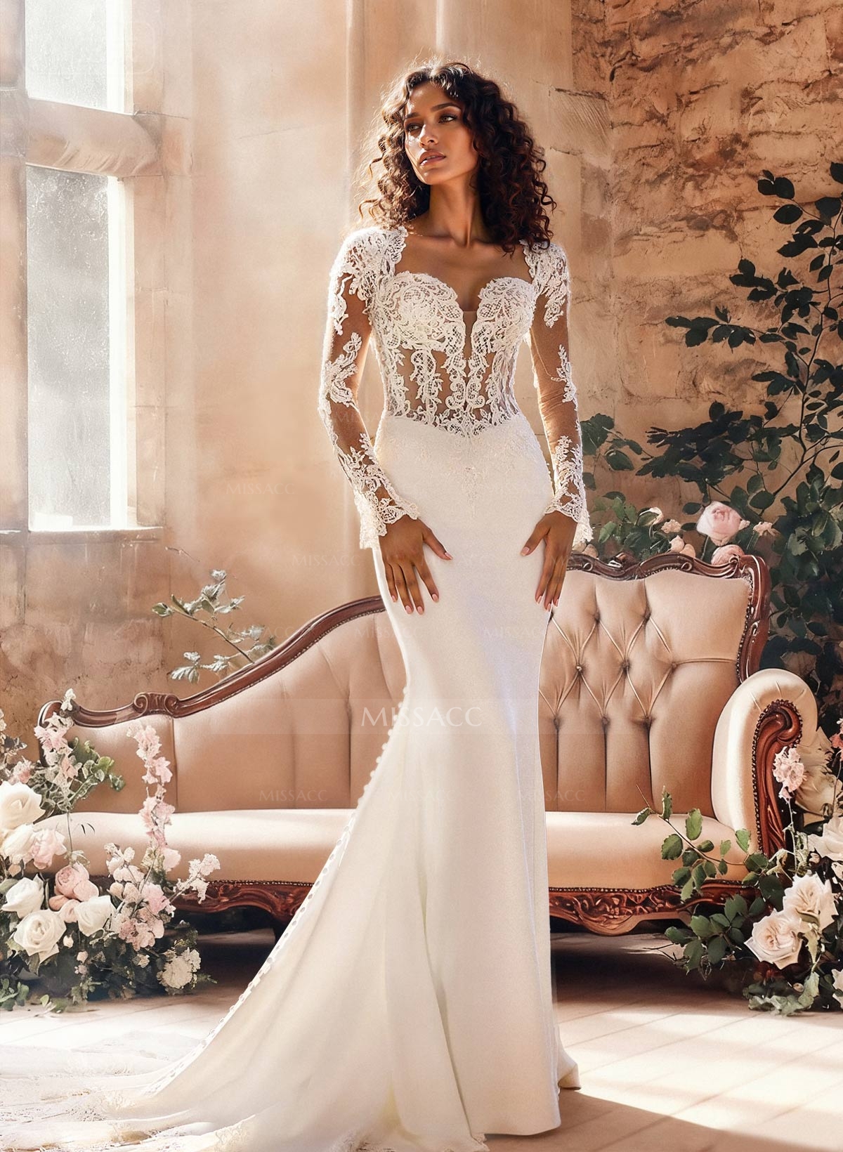 Sheath Column Sweetheart Long Sleeves Court Train Lace Tulle Elastic Satin Wedding Dresses With Appliques Lace Back Hole