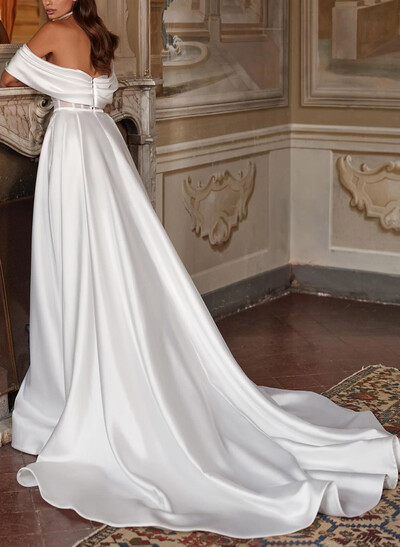 Ball-Gown Sweetheart Detachable Sleeves Chapel Train Satin Tulle Wedding Dresses With High Split