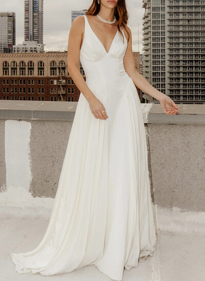 Elegant Plunge Neck Sleeveless A-Line Sweep Train Stretch Satin Wedding Dresses