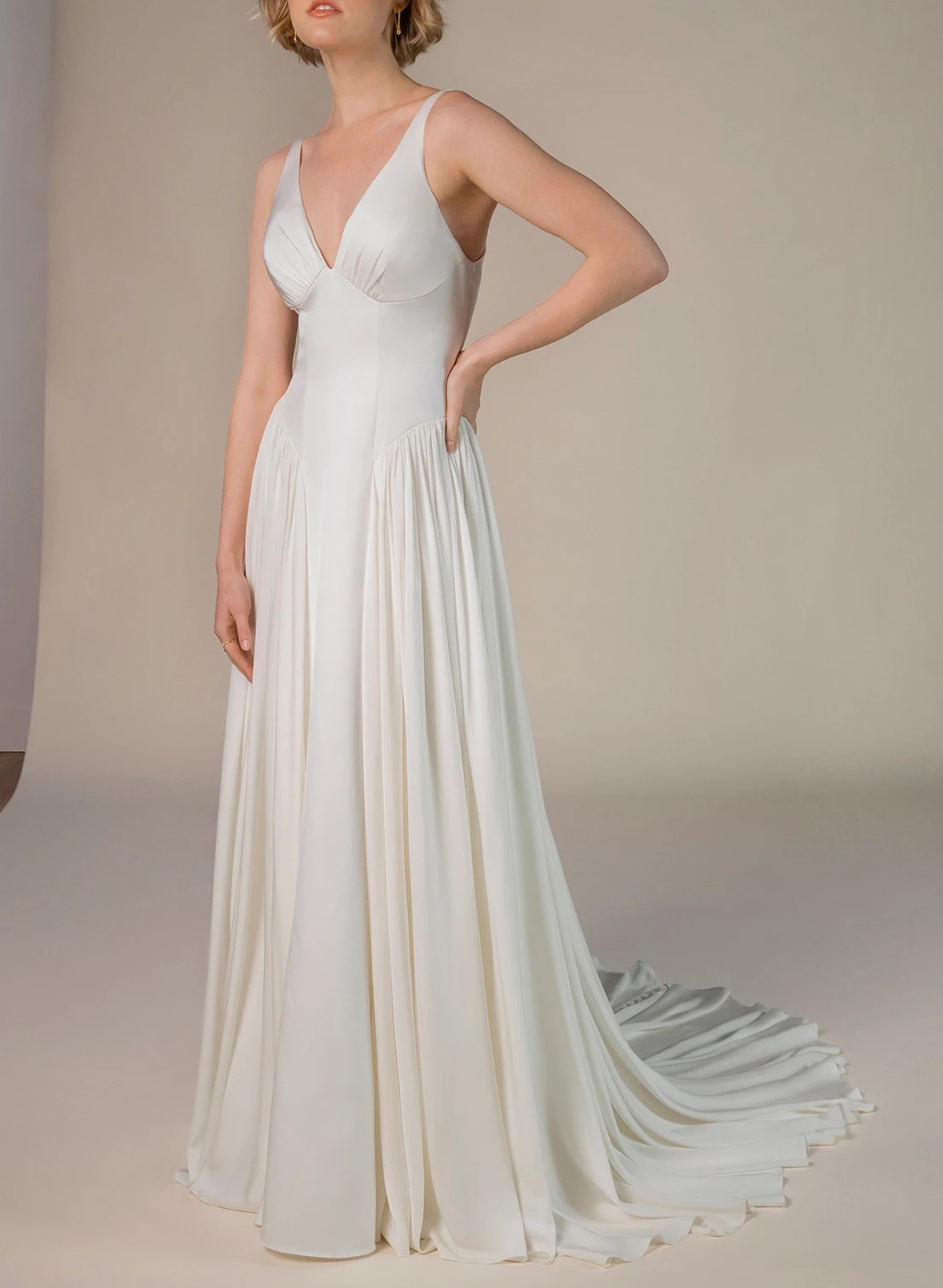 Elegant Plunge Neck Sleeveless A-Line Sweep Train Stretch Satin Wedding Dresses