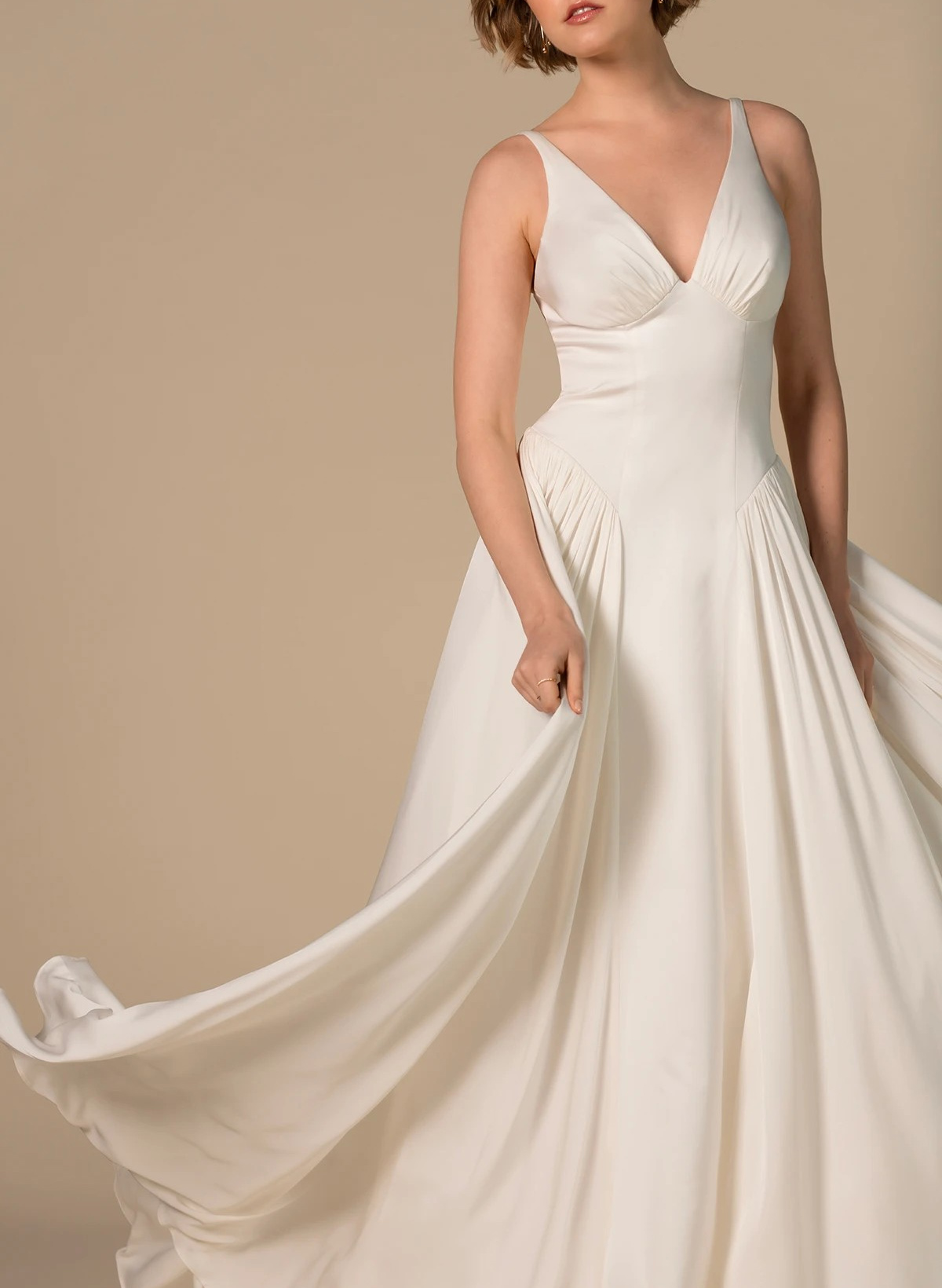 Elegant Plunge Neck Sleeveless A-Line Sweep Train Stretch Satin Wedding Dresses