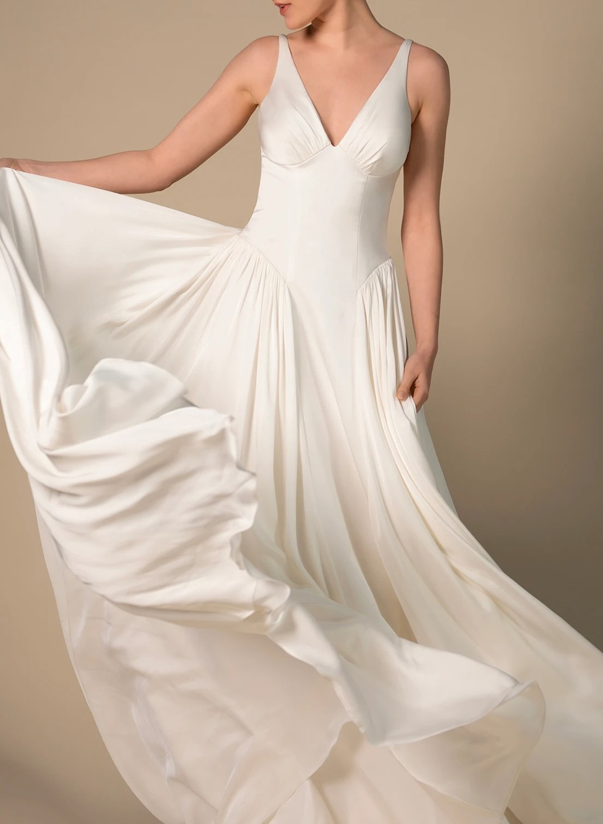 Elegant Plunge Neck Sleeveless A-Line Sweep Train Stretch Satin Wedding Dresses