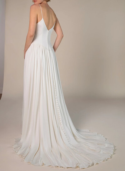 Elegant Plunge Neck Sleeveless A-Line Sweep Train Stretch Satin Wedding Dresses