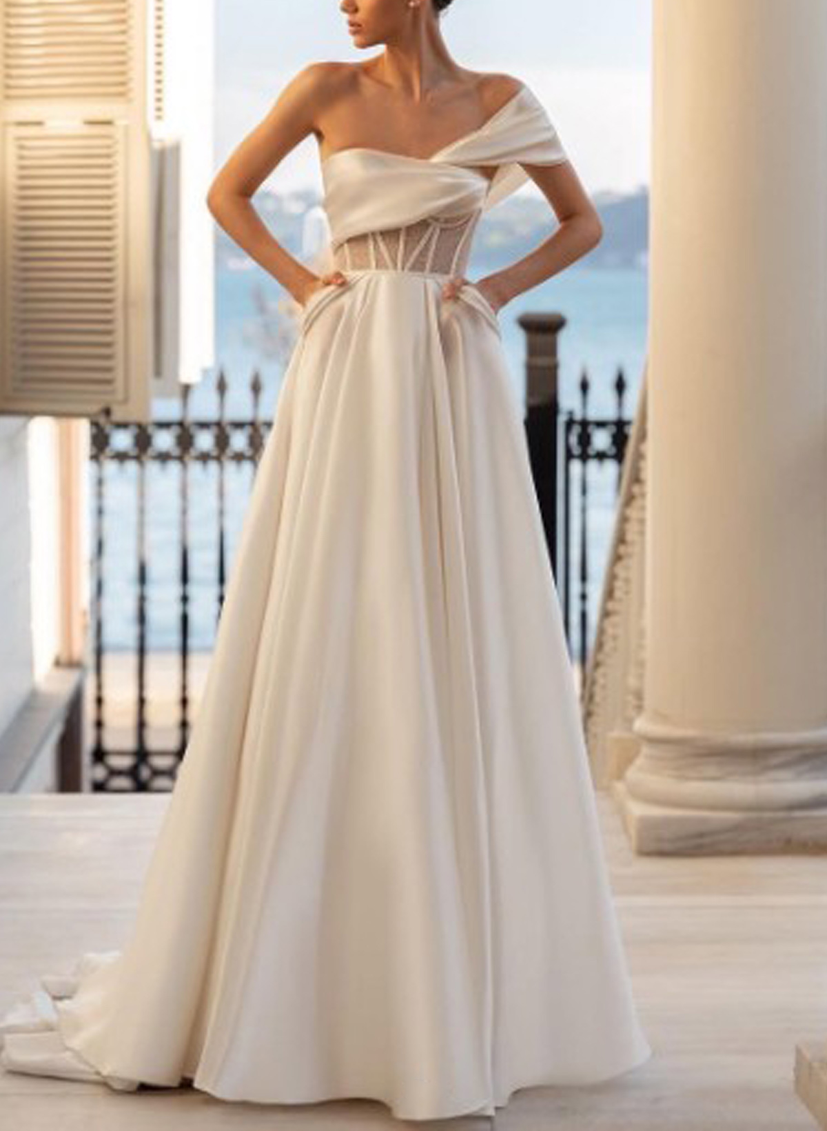 A-Line One-Shoulder Detachable Sleeves Sweep Train Soft Satin Wedding Dresses With Shoulder Ruffle