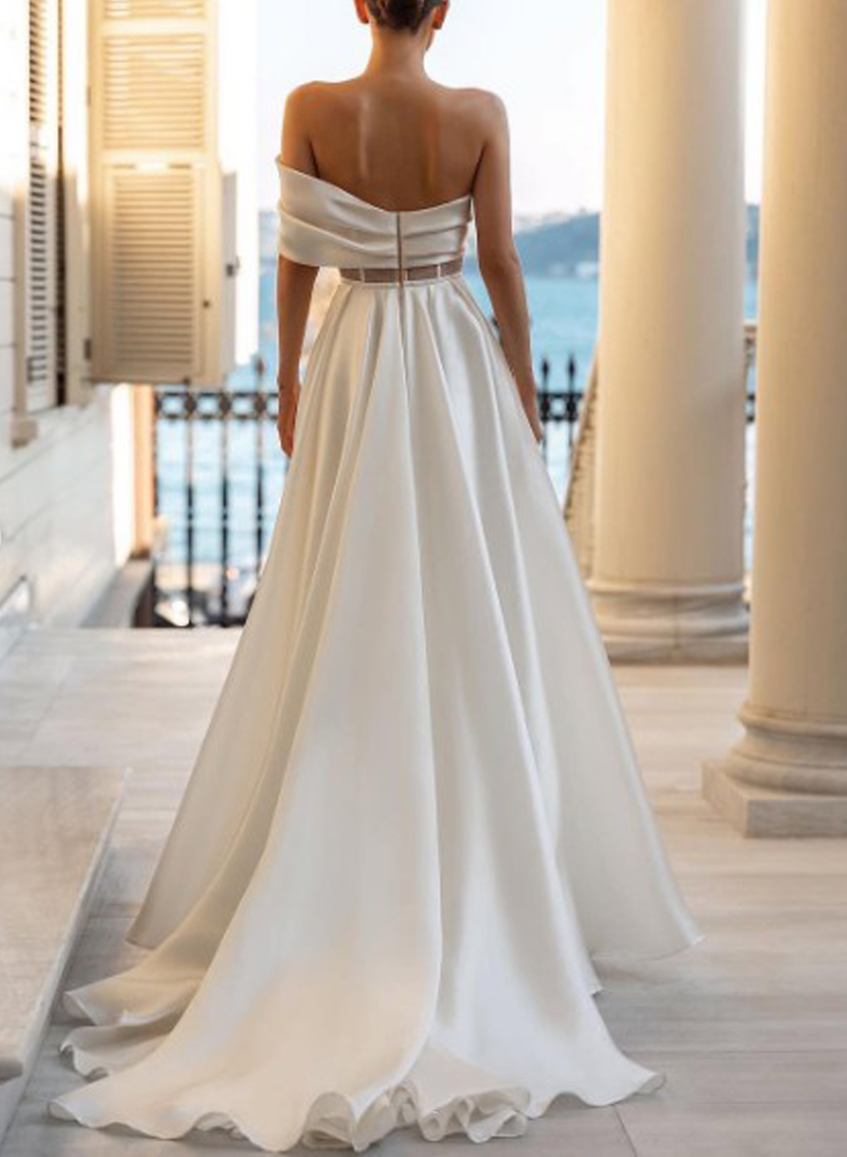 A-Line One-Shoulder Detachable Sleeves Sweep Train Soft Satin Wedding Dresses With Shoulder Ruffle