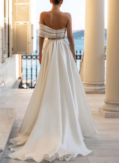 A-Line One-Shoulder Detachable Sleeves Sweep Train Soft Satin Wedding Dresses With Shoulder Ruffle