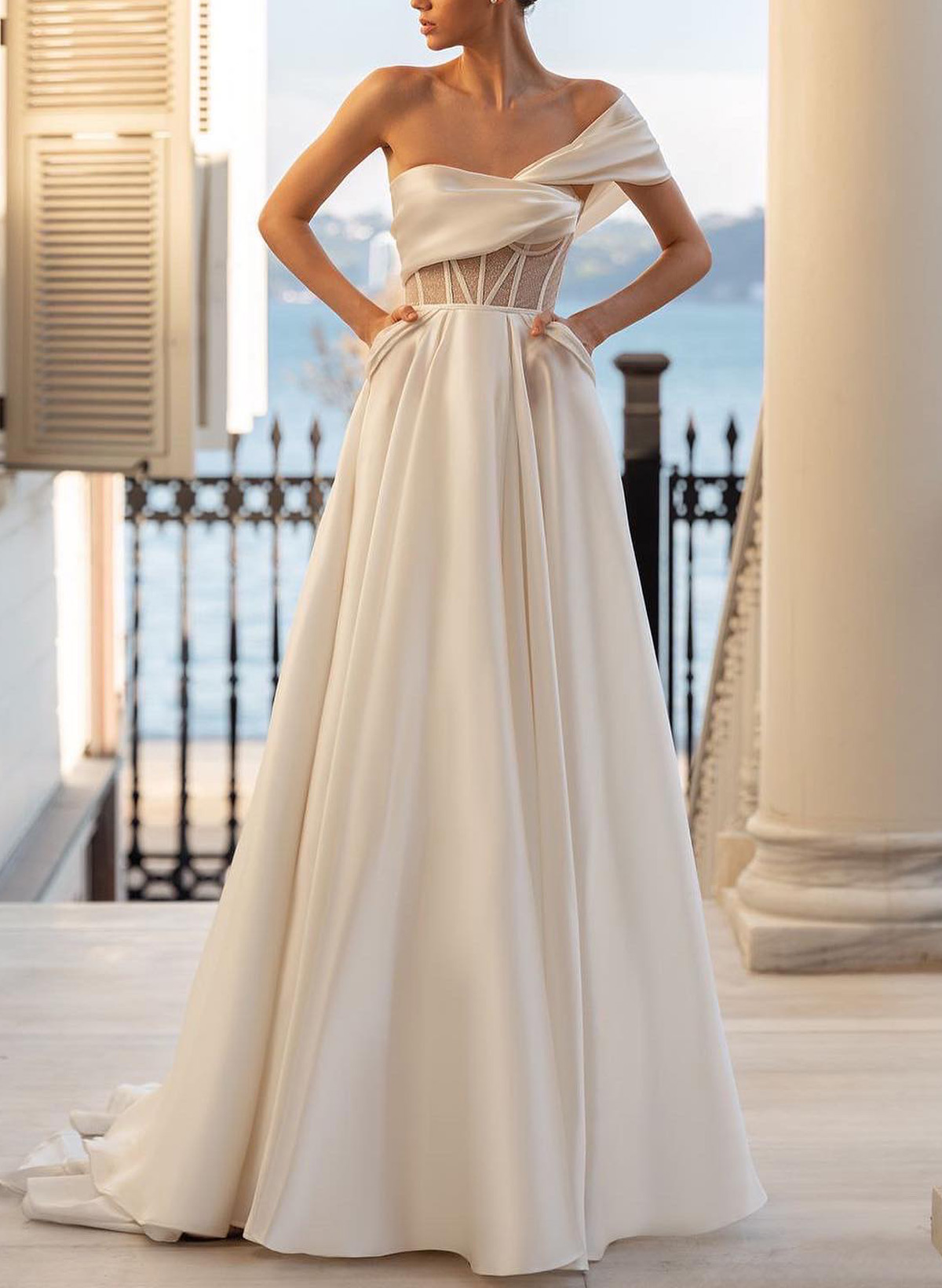 A-Line One-Shoulder Detachable Sleeves Sweep Train Soft Satin Wedding Dresses With Shoulder Ruffle