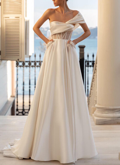 A-Line One-Shoulder Detachable Sleeves Sweep Train Soft Satin Wedding Dresses With Shoulder Ruffle