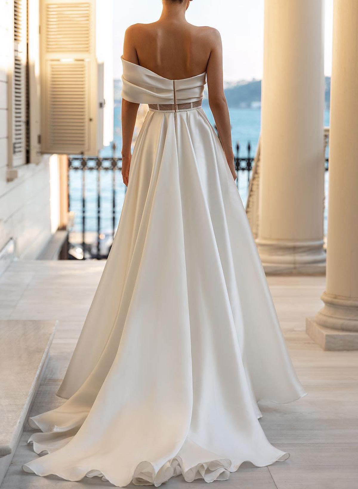 A-Line One-Shoulder Detachable Sleeves Sweep Train Soft Satin Wedding Dresses With Shoulder Ruffle