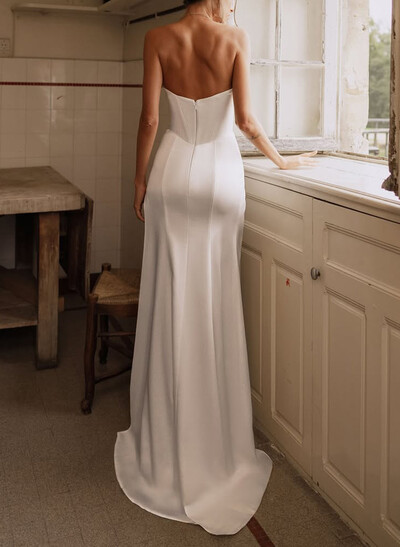 Sheath Column Sweetheart Sleeveless Floor-Length Lace Oft Satin Wedding Dresses With Lace