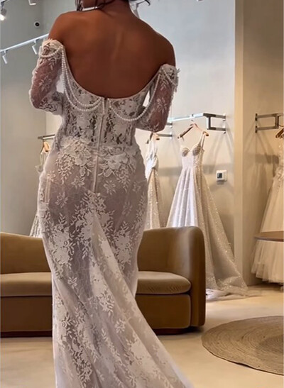 Sheath Column Off-The-Shoulder Detachable Sleeves Sweep Train Lace Wedding Dresses With Beading Appliques Lace