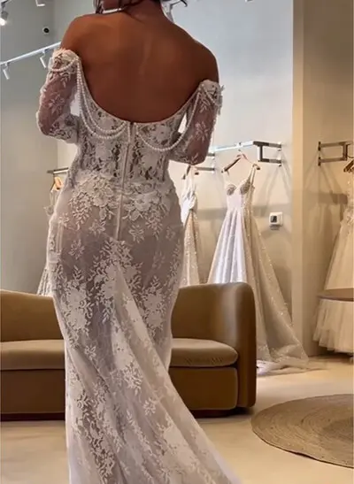 Sheath Column Off-The-Shoulder Detachable Sleeves Sweep Train Lace Wedding Dresses With Beading Appliques Lace