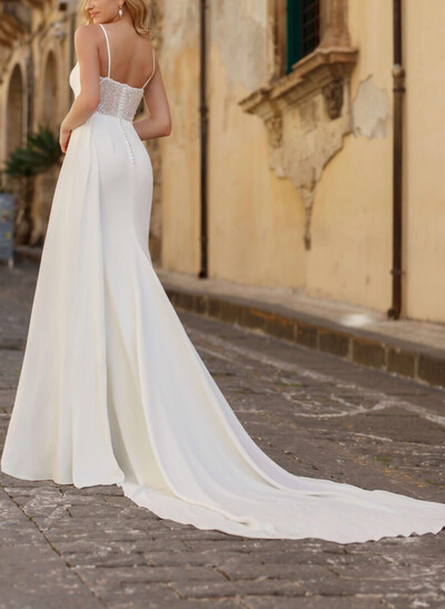 Trumpet Mermaid Square Neckline Sleeveless Court Train Elastic Satin Wedding Dresses With Lace High Split