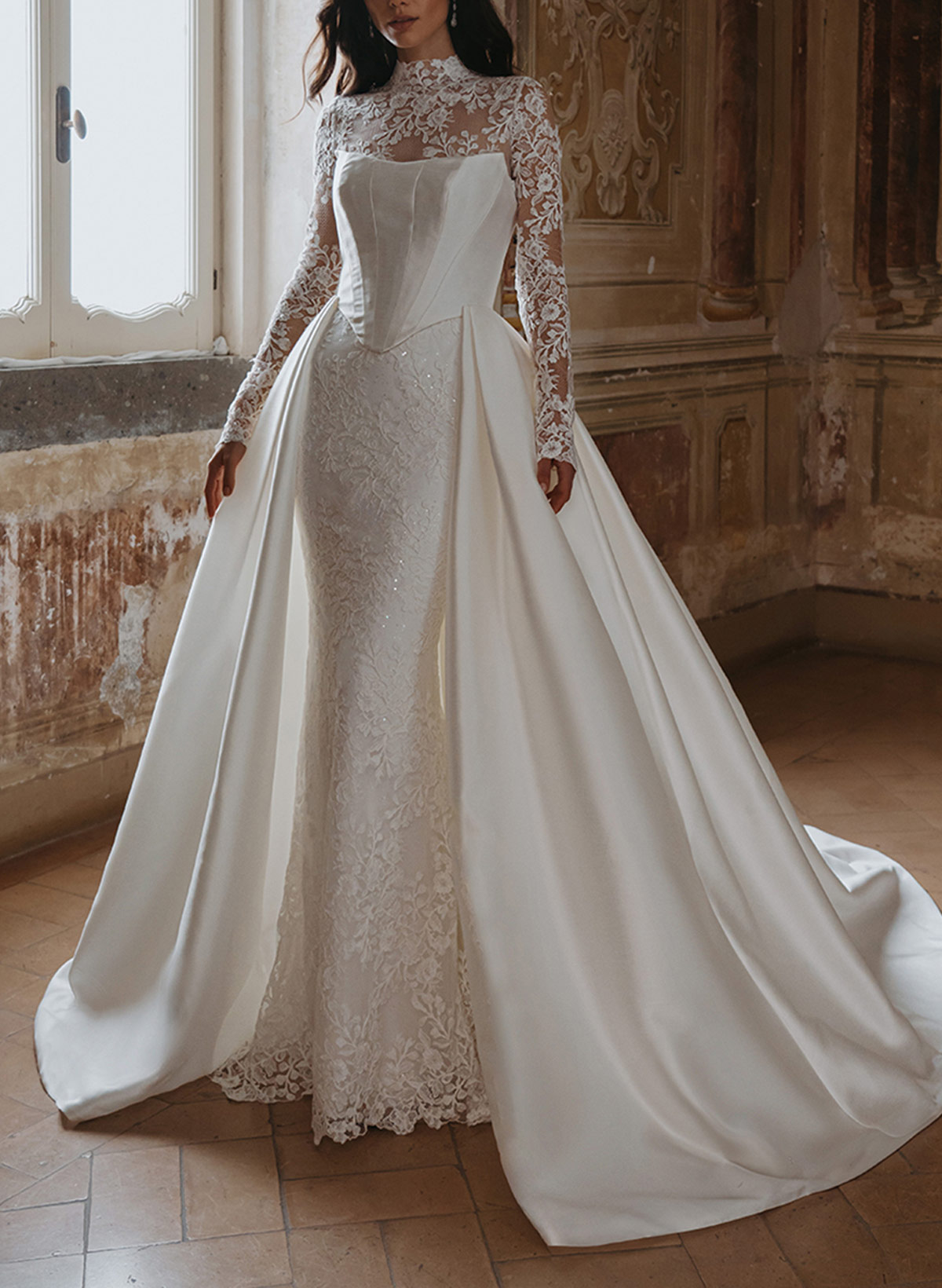 Trumpet Mermaid Ball-Gown High Neck Detachable Sleeves Chapel Train Detachable Lace Satin Tulle Elastic Satin Wedding Dresses With Split Front Lace Tiered