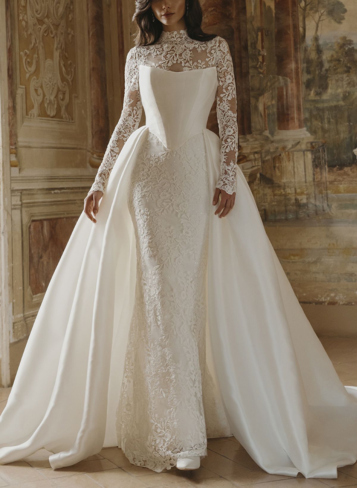 Trumpet Mermaid Ball-Gown High Neck Detachable Sleeves Chapel Train Detachable Lace Satin Tulle Elastic Satin Wedding Dresses With Split Front Lace Tiered