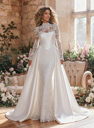 Trumpet Mermaid Ball-Gown High Neck Detachable Sleeves Chapel Train Detachable Lace Satin Tulle Elastic Satin Wedding Dresses With Split Front Lace Tiered