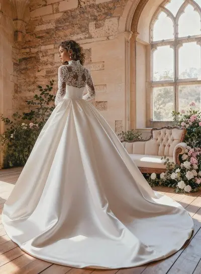 Trumpet/Mermaid/Ball-Gown High Neck Detachable Sleeves Detachable/Chapel Train Lace/Satin/Tulle Wedding Dresses
