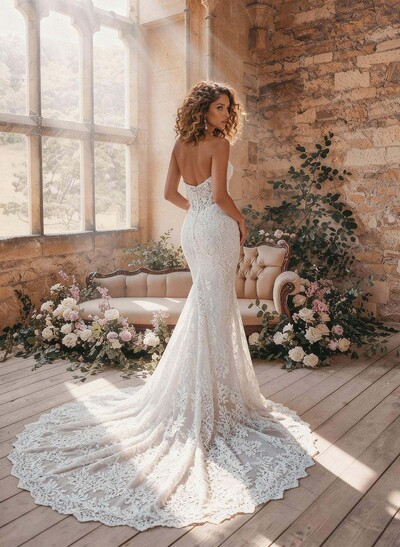 Trumpet Mermaid Ball-Gown High Neck Detachable Sleeves Chapel Train Detachable Lace Satin Tulle Elastic Satin Wedding Dresses With Split Front Lace Tiered