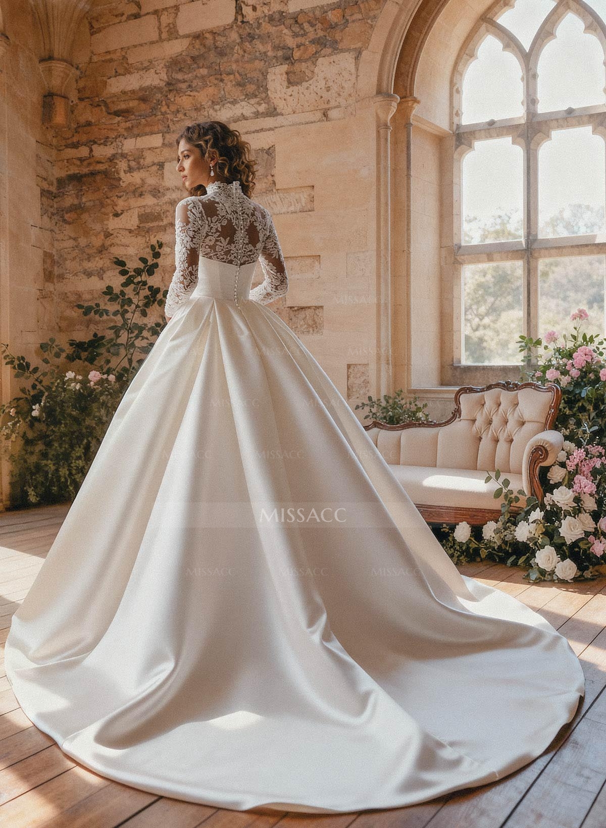 Trumpet Mermaid Ball-Gown High Neck Detachable Sleeves Chapel Train Detachable Lace Satin Tulle Elastic Satin Wedding Dresses With Split Front Lace Tiered