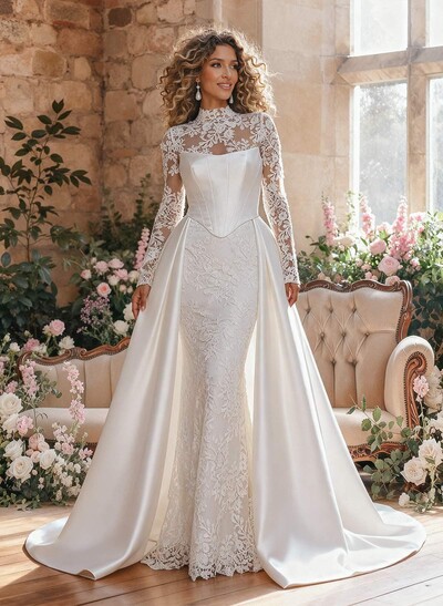 Trumpet/Mermaid/Ball-Gown High Neck Detachable Sleeves Detachable/Chapel Train Lace/Satin/Tulle Wedding Dresses