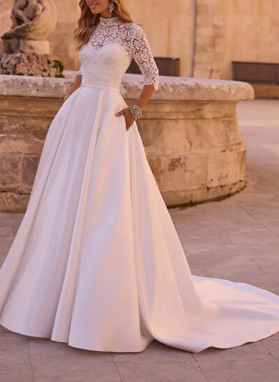 Ball-Gown High Neck 3/4 Sleeves Court Train Chiffon Lace Satin Wedding Dresses With Appliques Lace