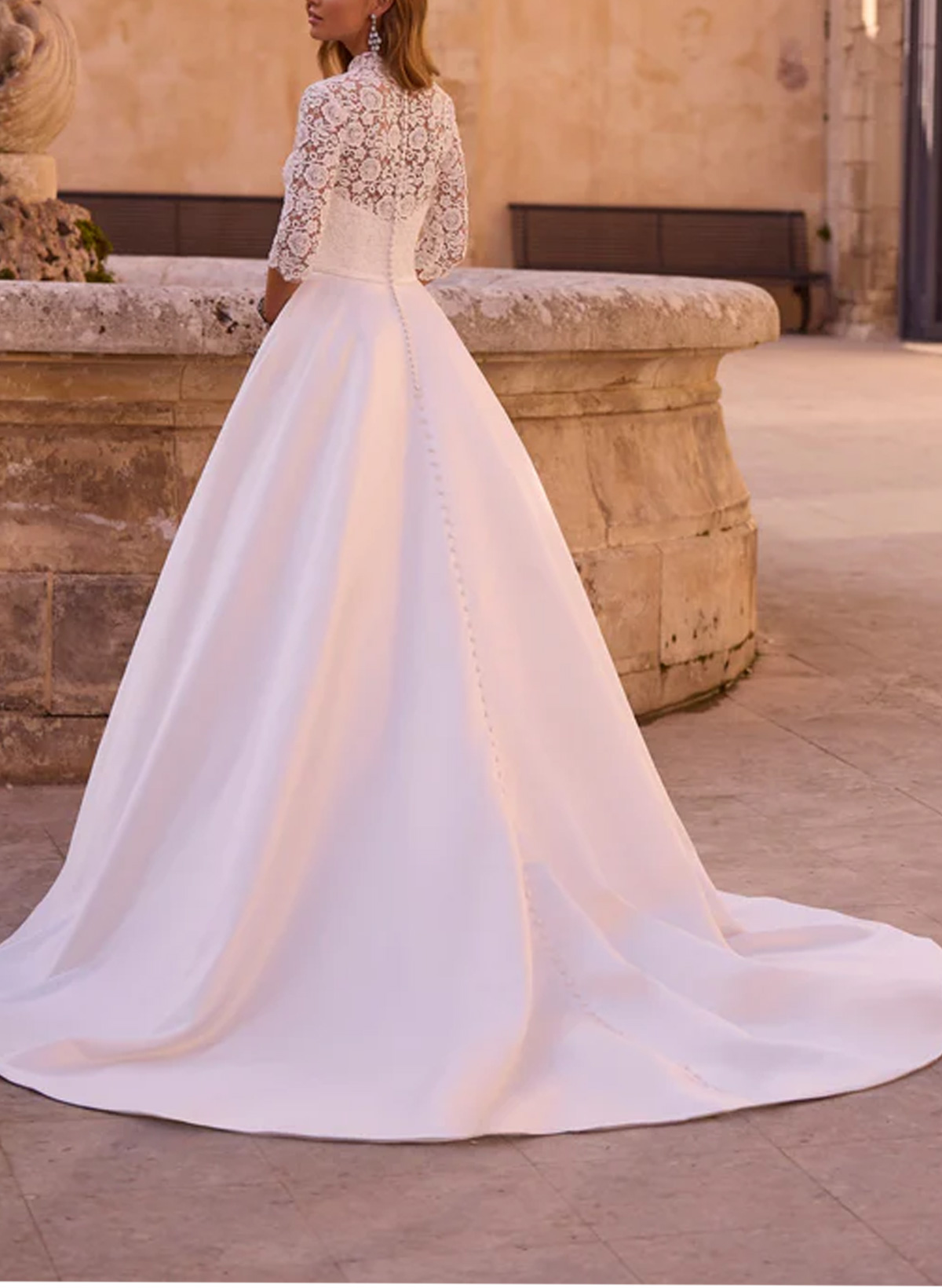 Ball-Gown High Neck 3/4 Sleeves Court Train Chiffon Lace Satin Wedding Dresses With Appliques Lace