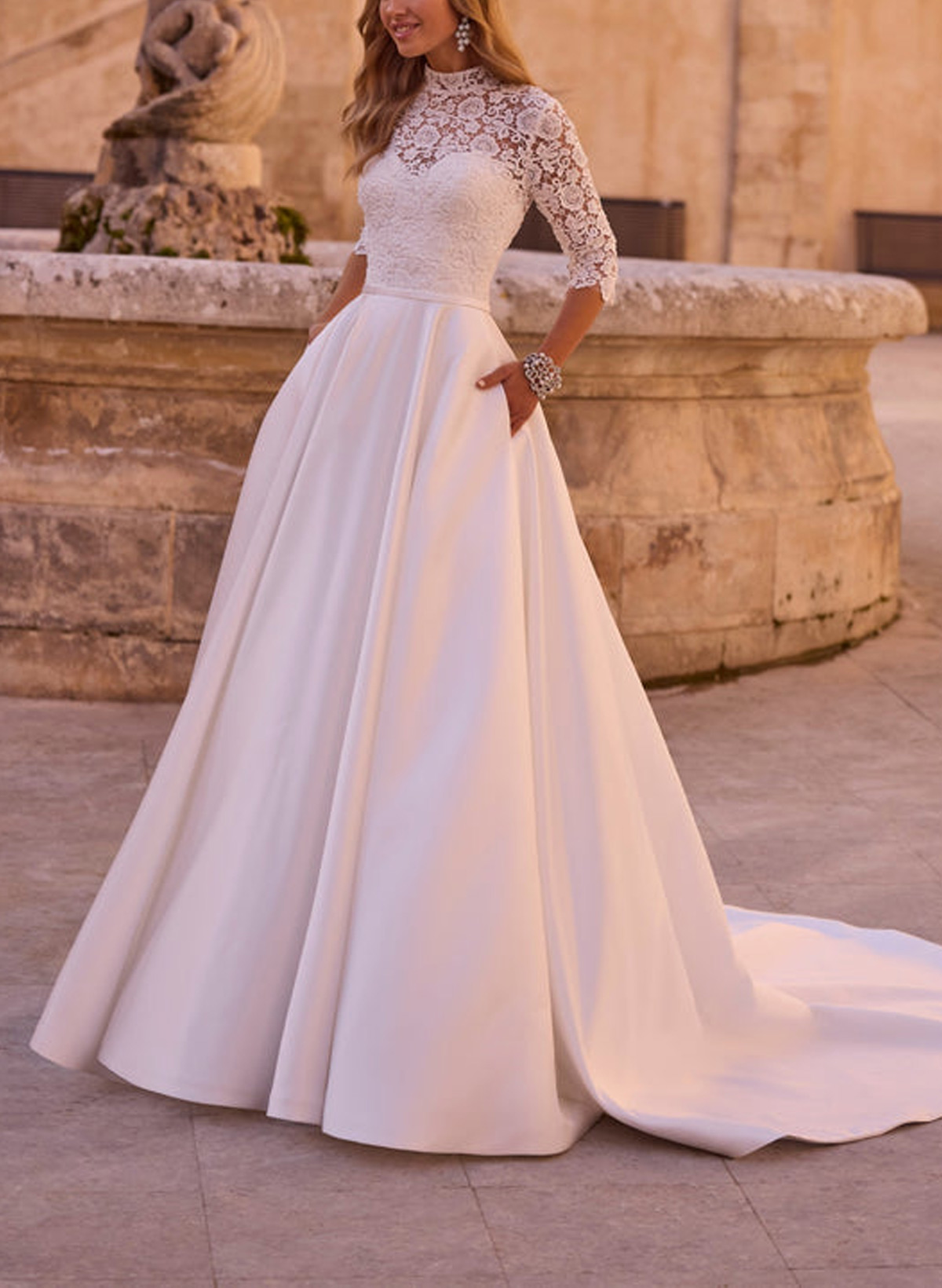 Ball-Gown High Neck 3/4 Sleeves Court Train Chiffon Lace Satin Wedding Dresses With Appliques Lace