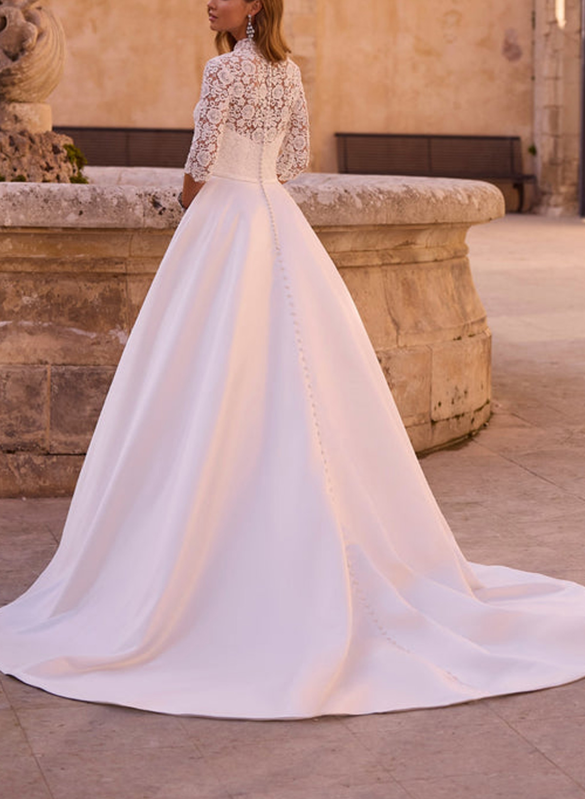 Ball-Gown High Neck 3/4 Sleeves Court Train Chiffon Lace Satin Wedding Dresses With Appliques Lace