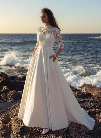 Ball-Gown High Neck 3/4 Sleeves Court Train Chiffon Lace Satin Wedding Dresses With Appliques Lace