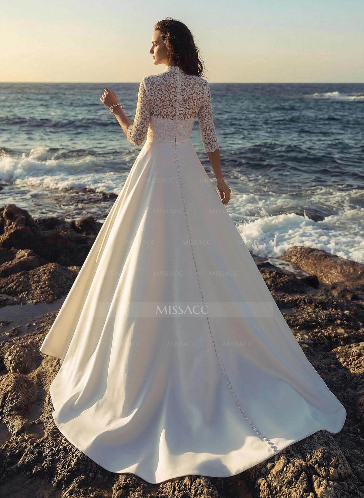 Ball-Gown High Neck 3/4 Sleeves Court Train Chiffon Lace Satin Wedding Dresses With Appliques Lace