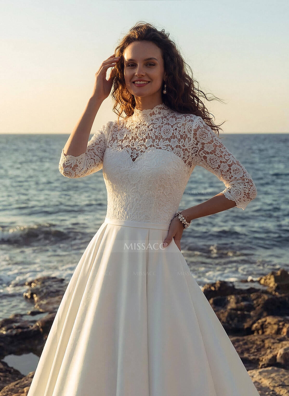 Ball-Gown High Neck 3/4 Sleeves Court Train Chiffon Lace Satin Wedding Dresses With Appliques Lace