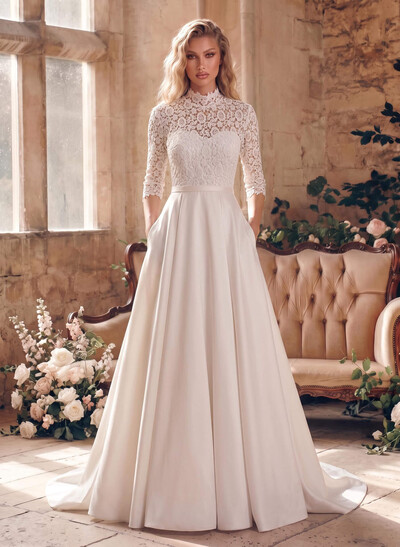 Ball-Gown High Neck 3/4 Sleeves Court Train Chiffon Lace Satin Wedding Dresses With Appliques Lace